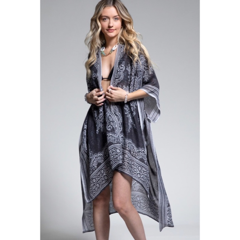 SOLD OUT Earl Gray Bohemian Damask Paisley Printed Open Kimono Coverup Wrap - Picture 2 of 4